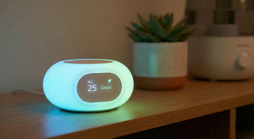 Air quality monitor displaying AQI 25 - Good on a wooden surface next to a potted succulent.