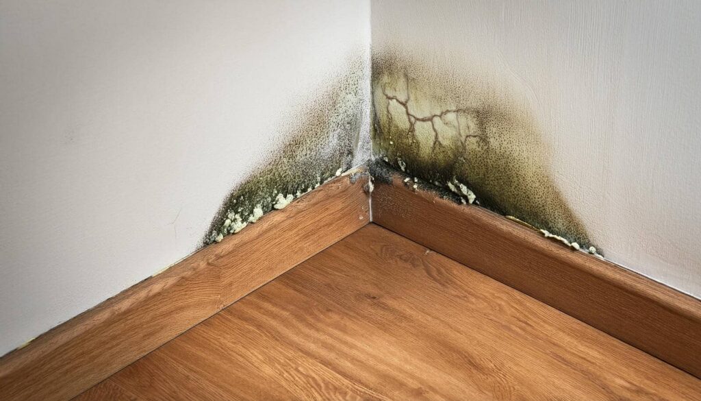 Mold and water damage in a room corner above the baseboard.
