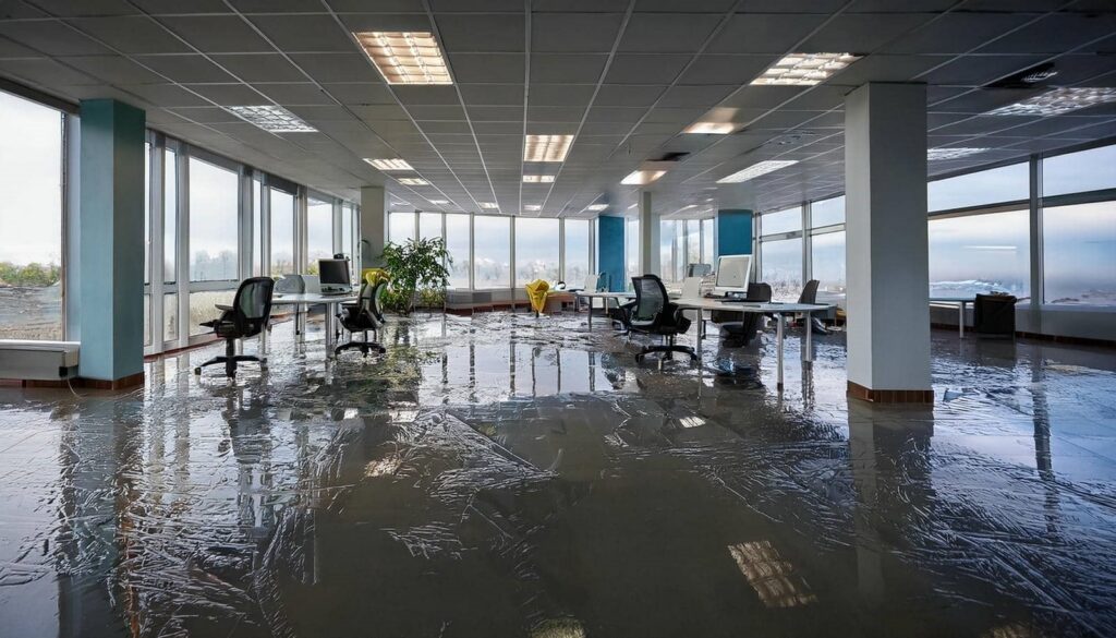 Office space flooded with water covering the floor around desks and chairs.