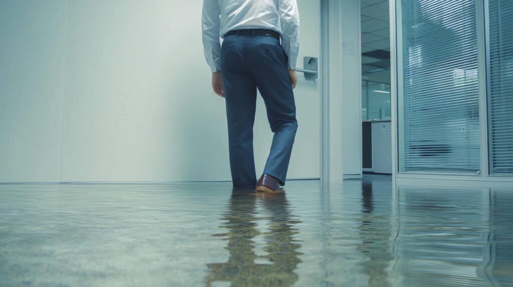 Man in dress pants and shoes standing in a flooded office hallway.