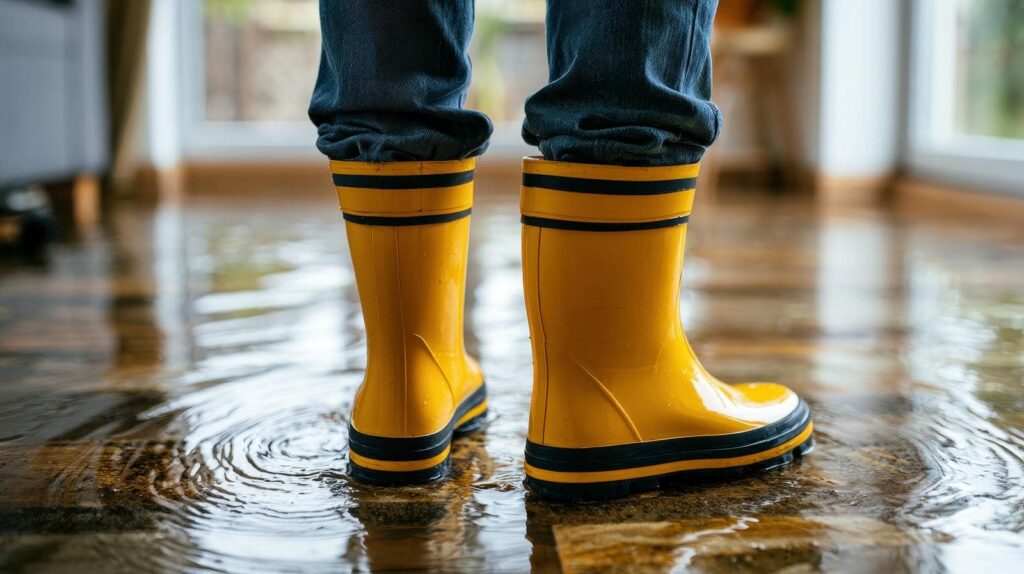 Person wearing yellow rain boots standing in a flooded indoor floor with water ripples.