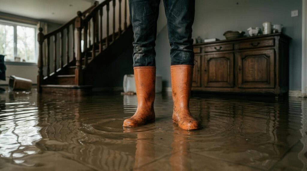 Person standing in flooded house wearing orange boots.