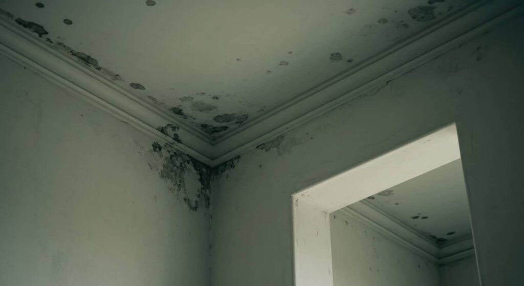 Mold and water damage on a ceiling and wall corner.