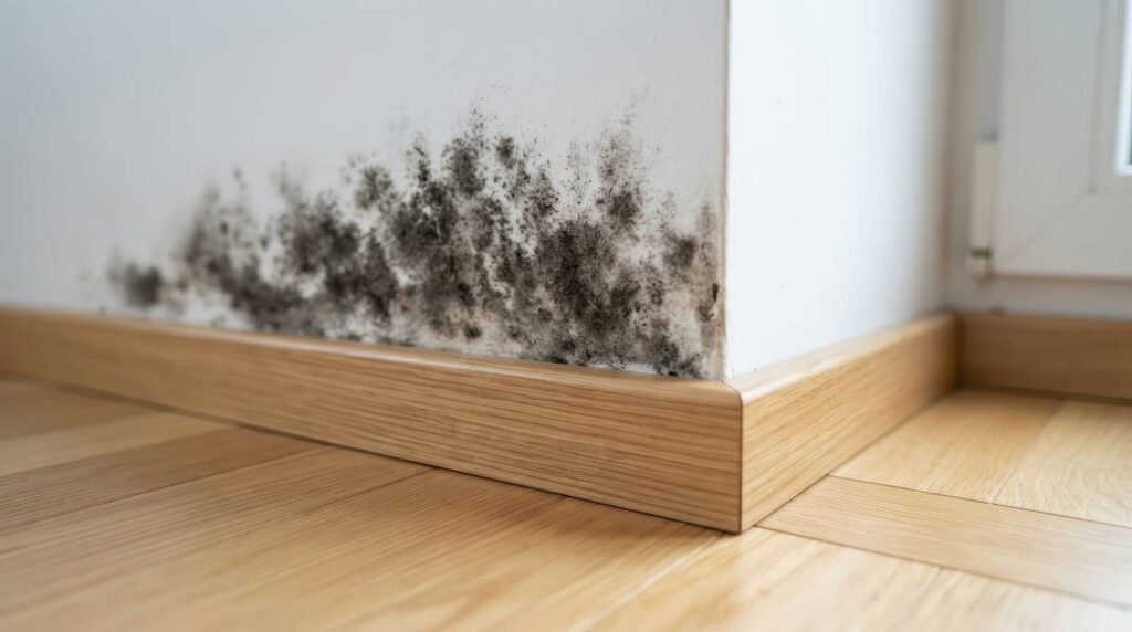 Black mold growing on a wall above a wooden baseboard.