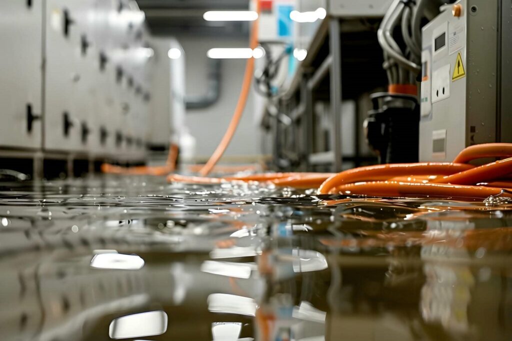 Flooded industrial room with electrical panels and orange cables submerged in water.