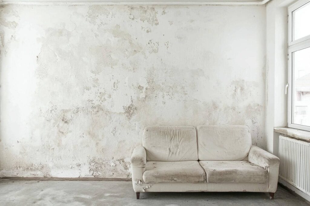 Worn, dirty beige sofa against a stained, peeling white wall in a bare room with a window.