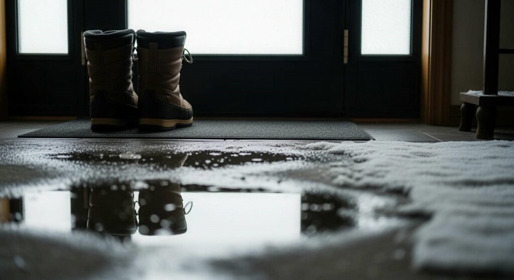 Winter boots on a mat near a door with melting snow and water on the floor.