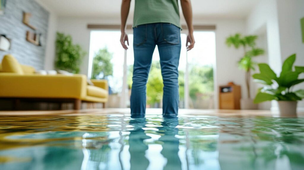 Person standing in a flooded living room with water covering the floor.