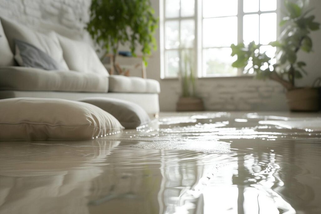 Water flooding a living room floor near a sofa with cushions and plants by a window.