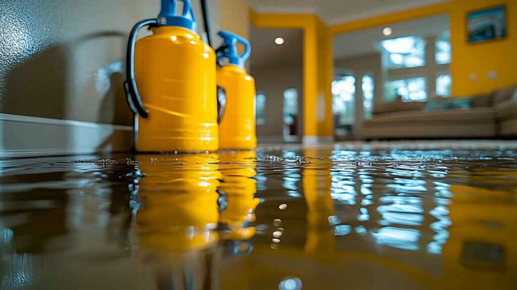 Flooded living room with two yellow jugs reflected in standing water.