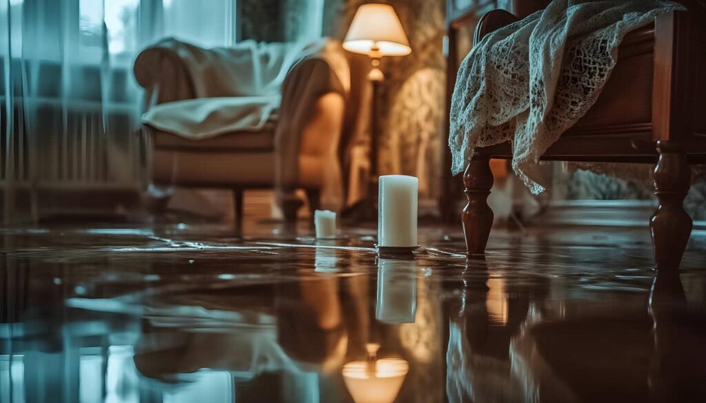 Living room with water flooding the floor around furniture and candles.