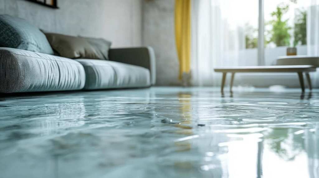 Living room floor flooded with water near a gray sofa and coffee table.