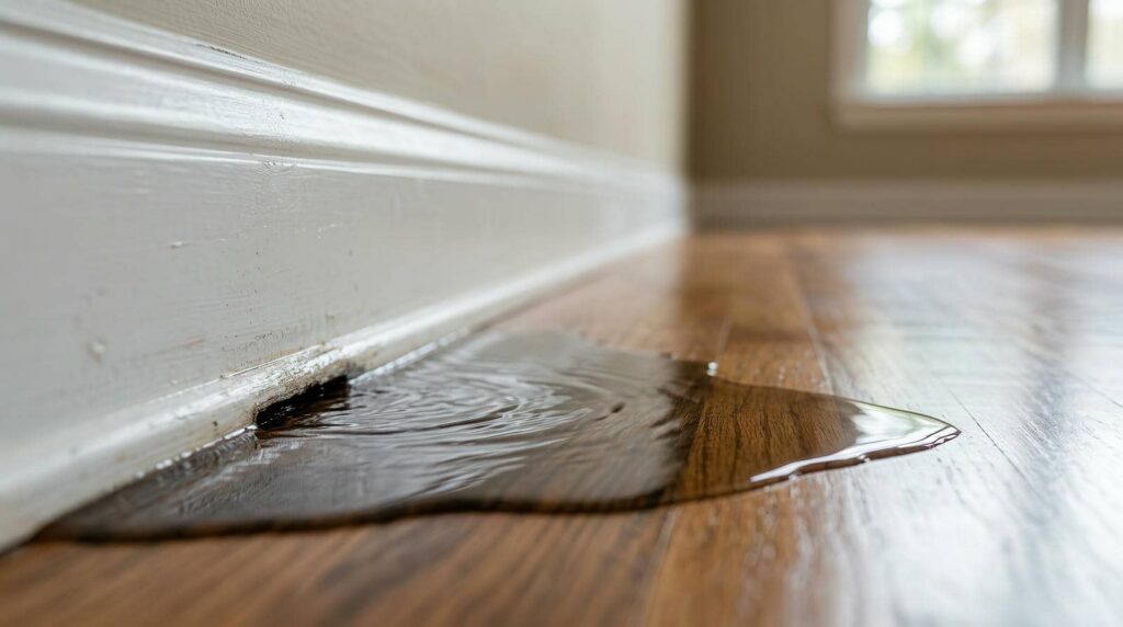 Water leaking onto a hardwood floor by a wall.