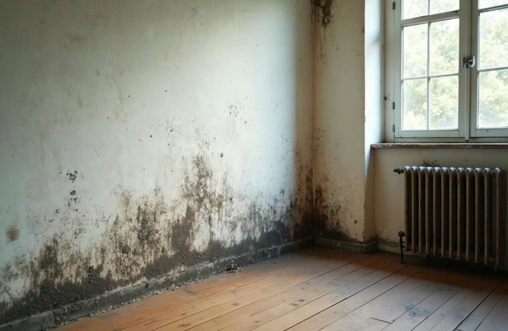 Mold and mildew growth on the lower walls of a room with wooden floors and a radiator under a window.
