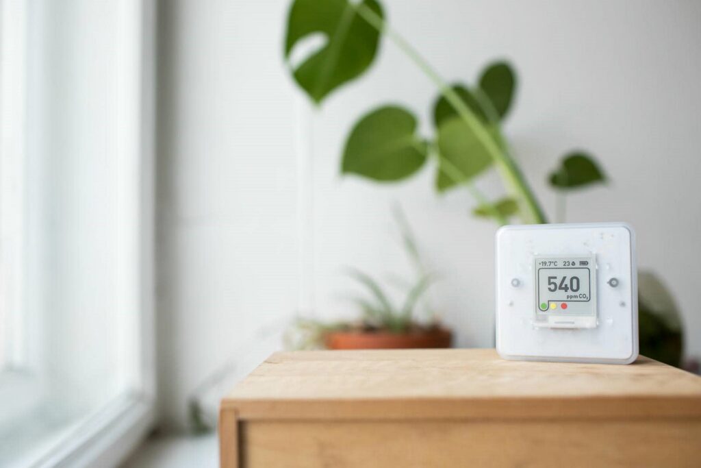 CO2 monitor displaying 540 ppm on a wooden surface with blurred green plants in the background.