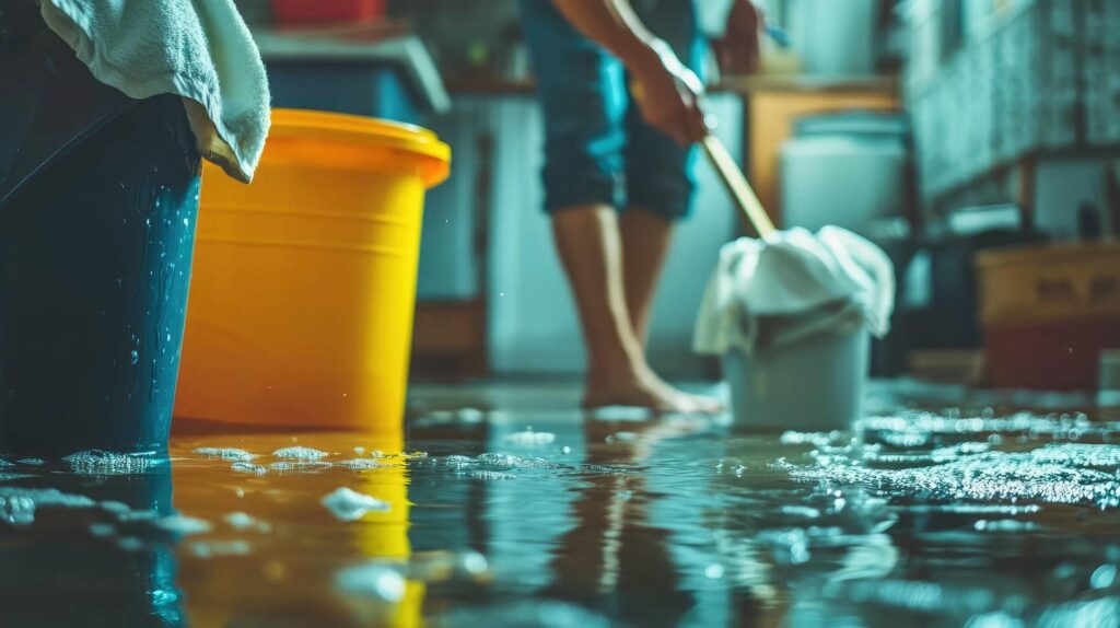 Person mopping a wet floor with buckets nearby in a room.