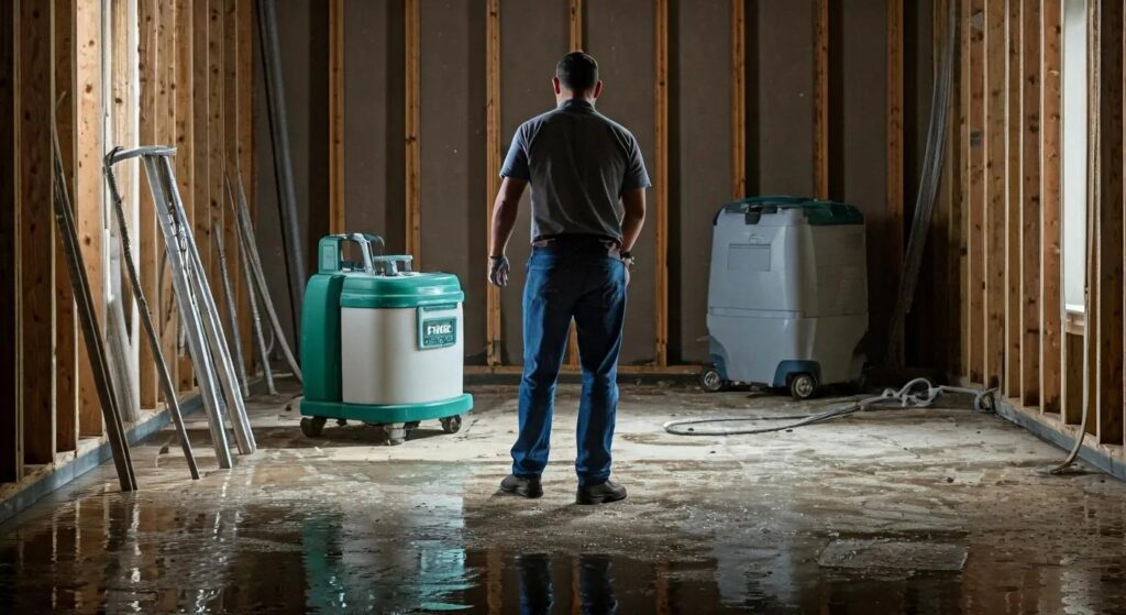 a professional water damage restoration expert inspects a water-logged interior space of a mesa home, with advanced drying equipment in the background and visible signs of structural repair in progress, capturing the urgency and complexity of the restoration process.