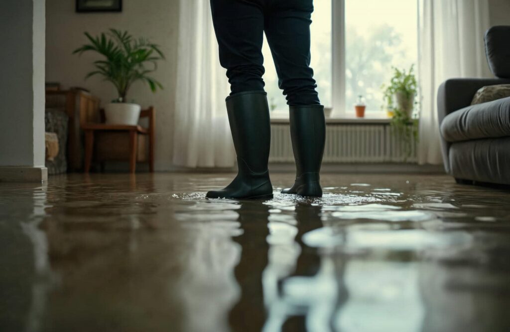 Person wearing black rain boots standing in a flooded living room with water covering the floor.