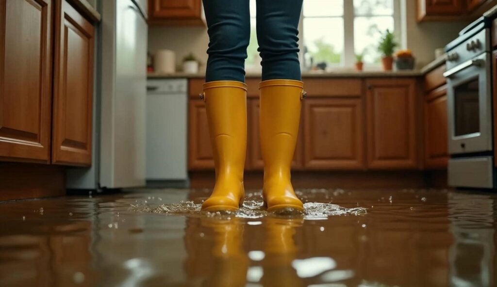 Person wearing yellow rain boots standing in a flooded kitchen with water on the floor.