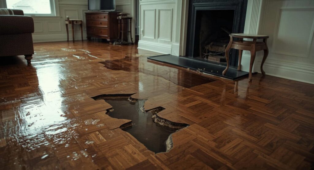Water-damaged wooden floor with a large hole and warped planks near a fireplace in a living room.