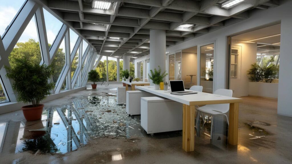 Office space with large windows and plants, showing a flooded floor with broken glass scattered.
