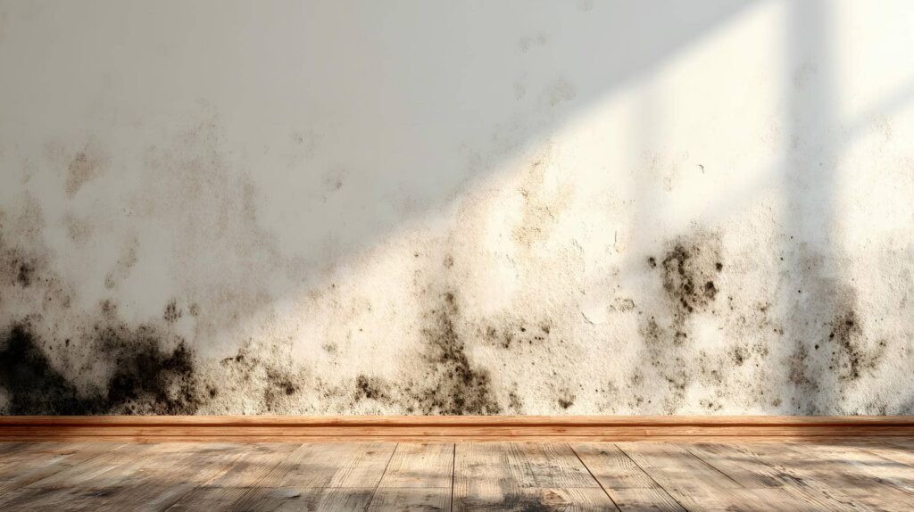 Wall with black mold stains near the wooden floor in a sunlit room.