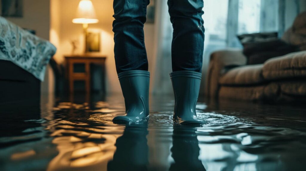 Person wearing rubber boots standing in a flooded living room with water covering the floor.