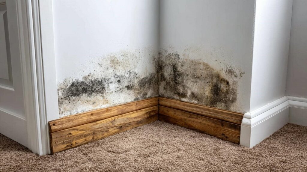 Black mold growth on white walls above wooden baseboards in a carpeted room corner.