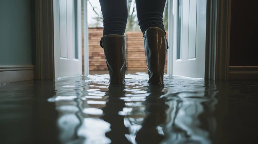 Person standing in floodwater inside a doorway.