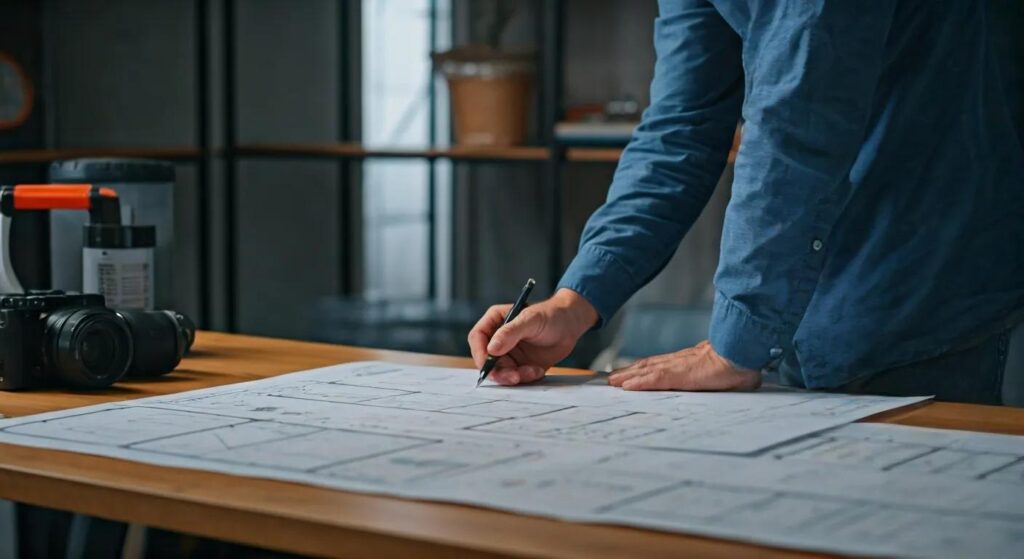a focused indoor scene showcases a professional in a modern mesa office, examining detailed blueprints of a building while surrounded by water damage restoration equipment and charts highlighting local building codes and climate data.