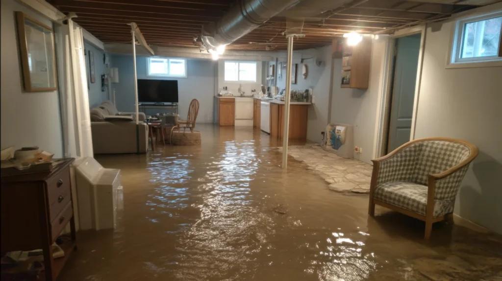 Flooded basement with water covering the floor, furniture partially submerged.