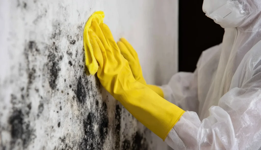 Person in protective suit and yellow gloves cleaning mold off a wall with a cloth.