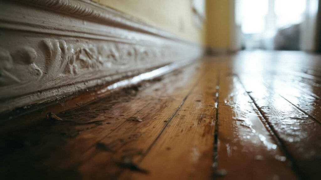 Water-damaged wooden floor beside a wall.
