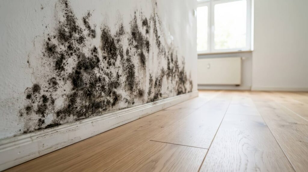 Black mold spreading across a white wall in an empty room.