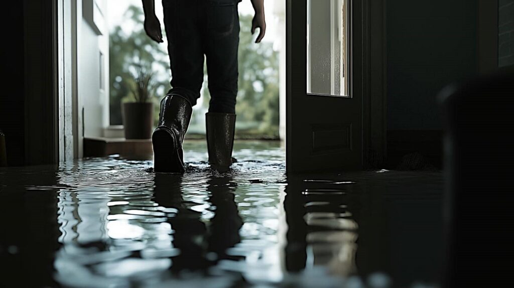 Person wearing boots walking through floodwater inside a house toward an open door.