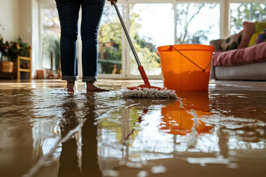 Person mopping a flooded living room floor with an orange bucket nearby.