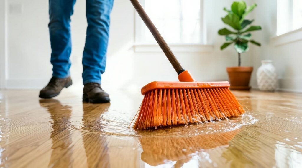 Person sweeping water off a wooden floor with an orange broom.
