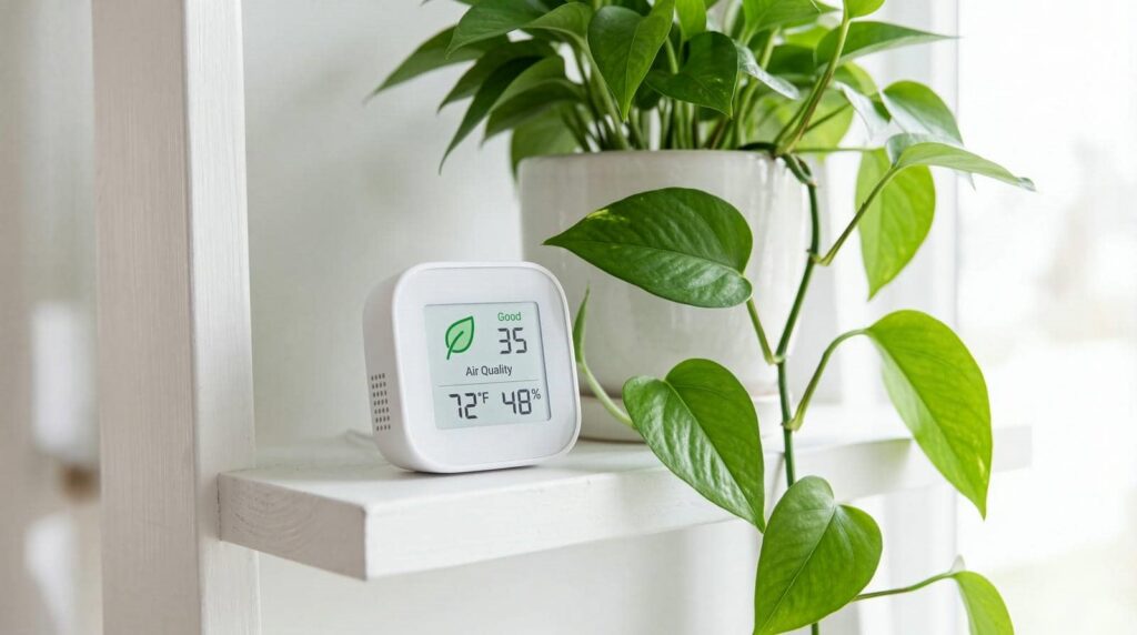 Air quality monitor displaying good air quality, temperature, and humidity next to a green potted plant.