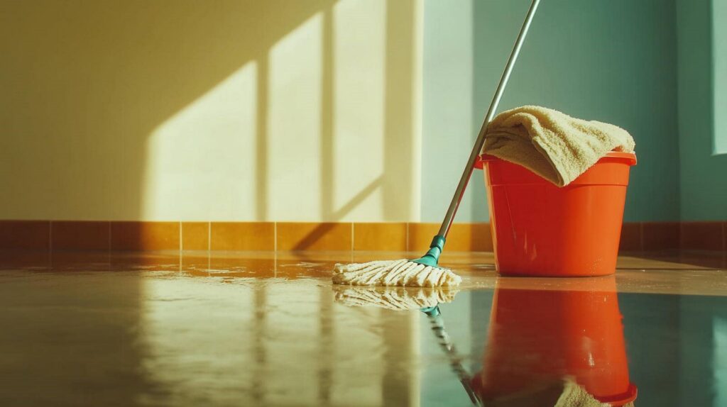 Mop leaning against an orange bucket with a cloth on a shiny wet floor.