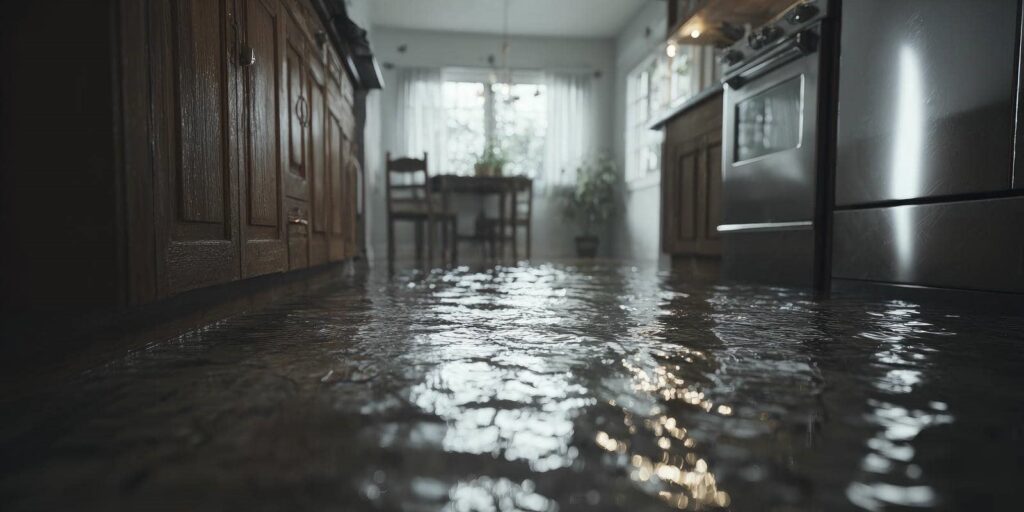 Flooded kitchen floor with water reflecting light near wooden cabinets and appliances.