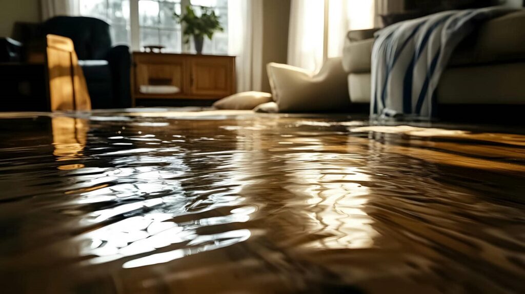 Water flooding a living room floor with furniture and cushions in the background.