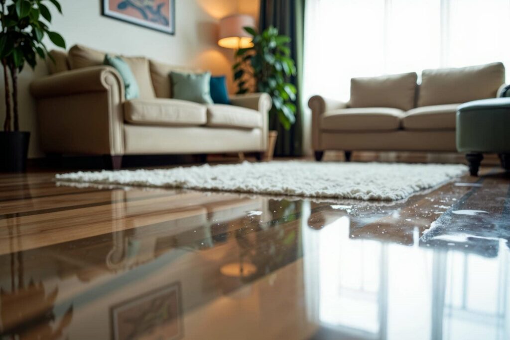 Wet hardwood floor reflecting beige sofas and a white rug in a living room.