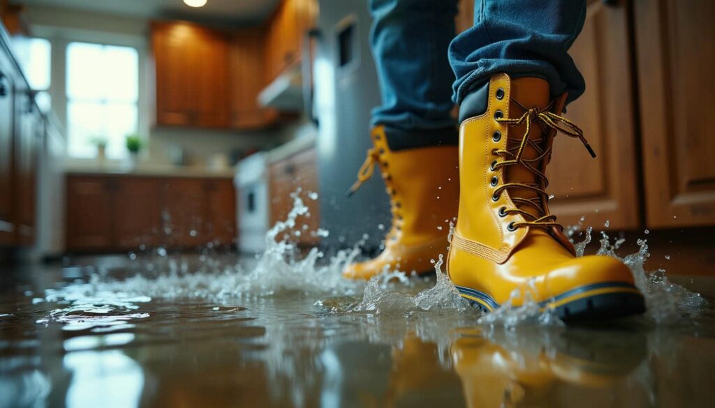 Person wearing yellow rain boots splashing water on a flooded kitchen floor.