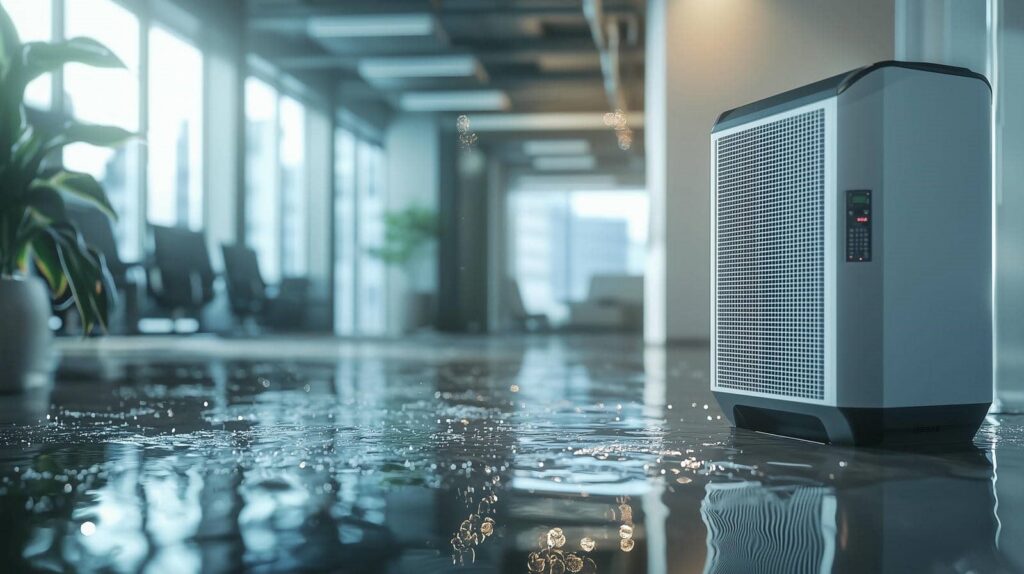A portable dehumidifier on a wet floor in a modern office space.