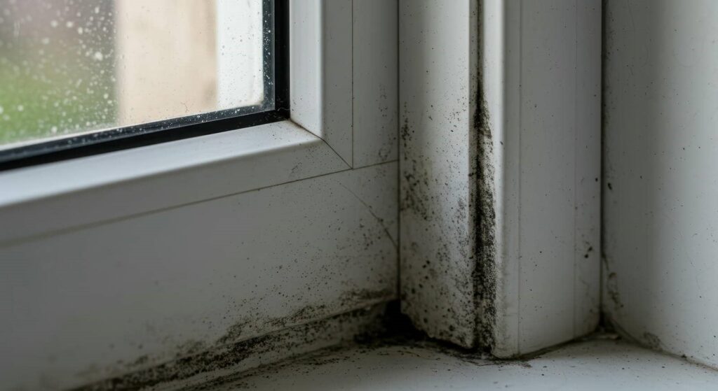 Black mold growing on the corner of a white window frame and sill.