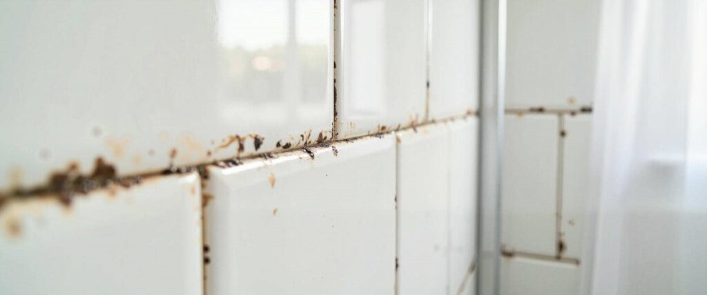 Close-up of white bathroom tiles with dirty, moldy grout lines.