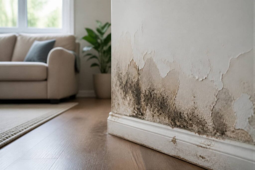 Mold and water damage on a living room wall.