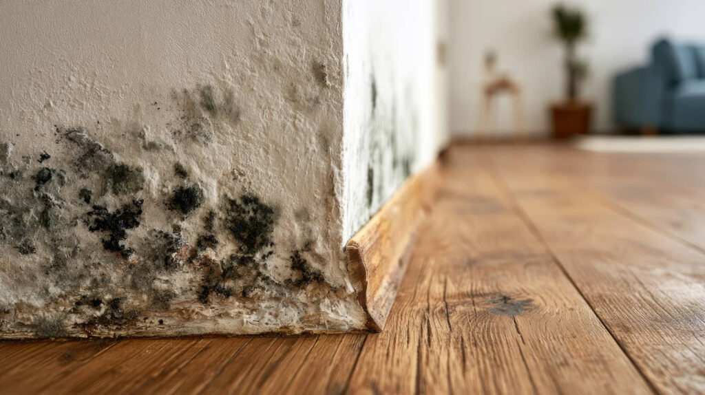 Mold growing on a wall above a wooden floor.