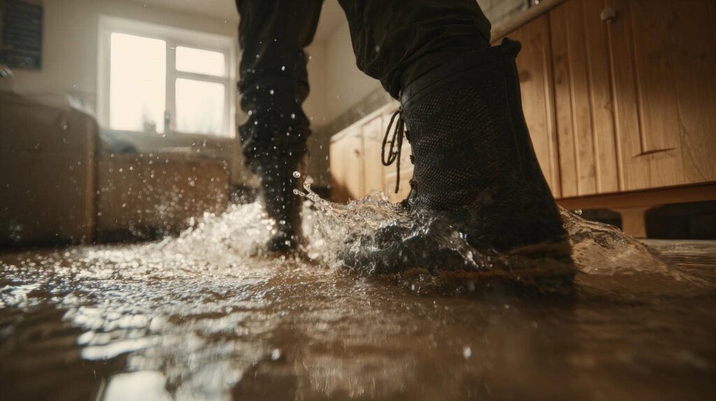 Black boots splashing water on a flooded wooden floor inside a room.