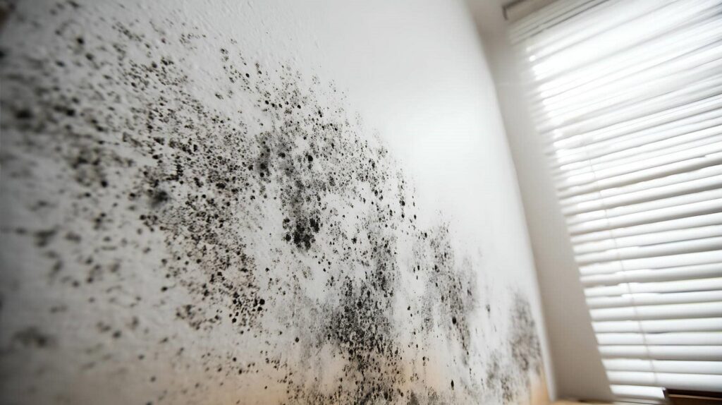 Black mold growing on a white interior wall near a window with blinds.